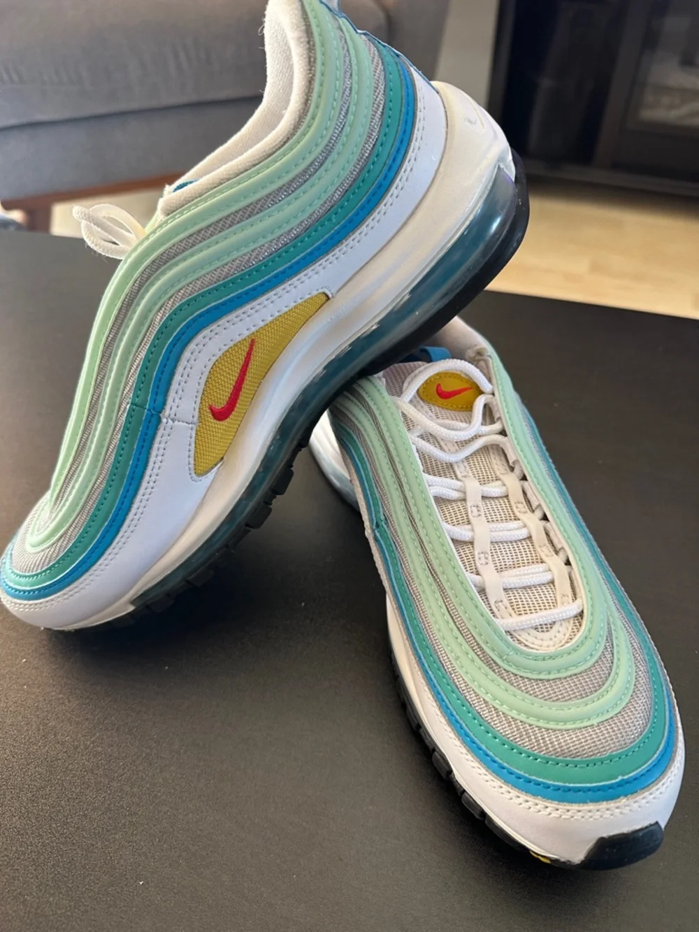 Nike Air Max 97 Women's White Mint Teal Blue with Yellow Accent - Picture 2 of 3